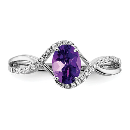 14k White Gold 7x5mm Oval Amethyst and 1/10 carat Diamond Twist Ring