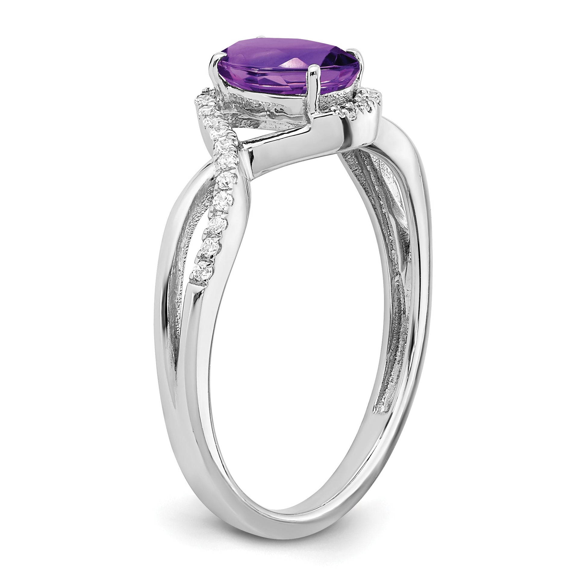 14k White Gold 7x5mm Oval Amethyst and 1/10 carat Diamond Twist Ring