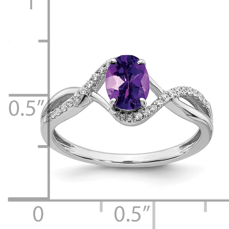 14k White Gold 7x5mm Oval Amethyst and 1/10 carat Diamond Twist Ring