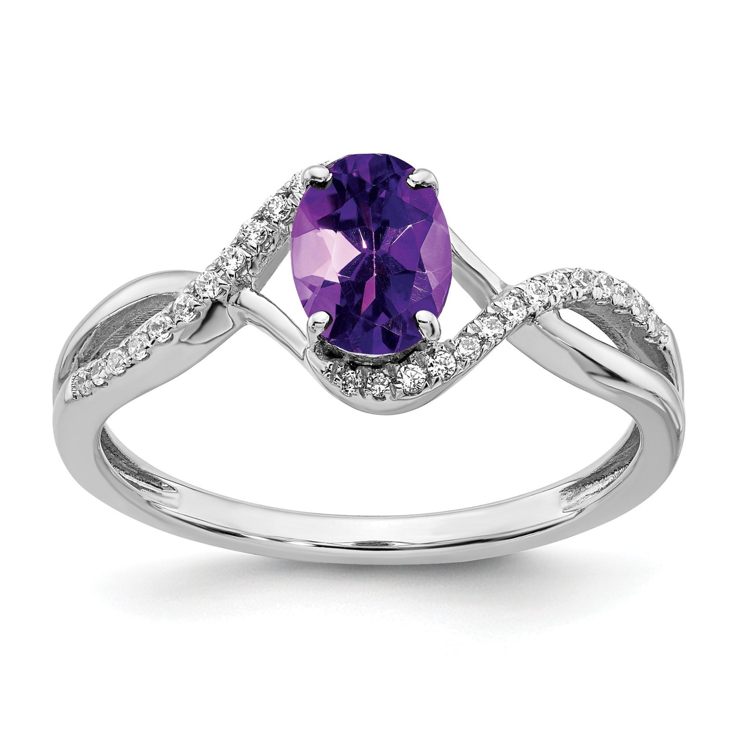 14k White Gold 7x5mm Oval Amethyst and 1/10 carat Diamond Twist Ring