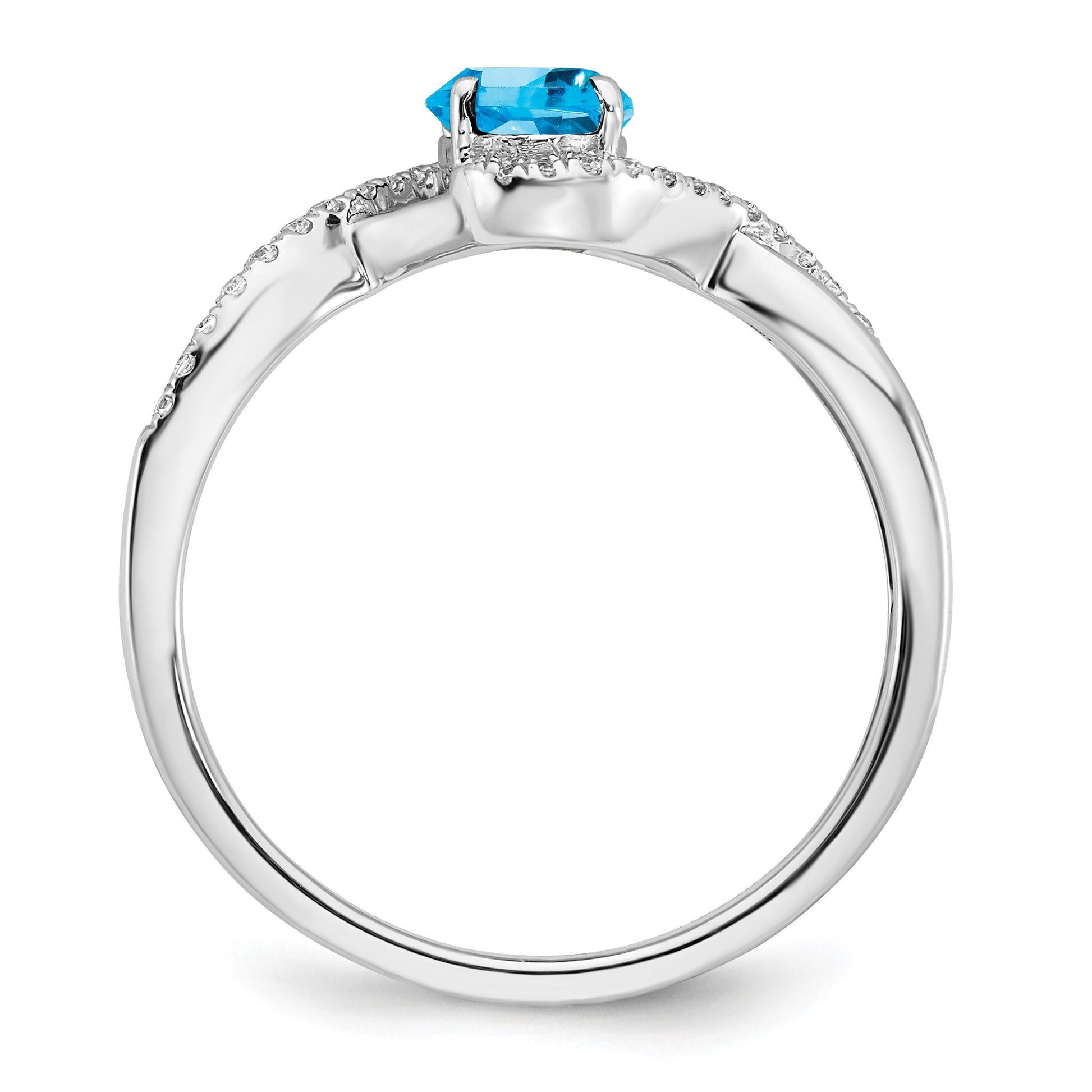 14k White Gold 7x5mm Oval Blue Topaz and 1/10 carat Diamond Twist Ring