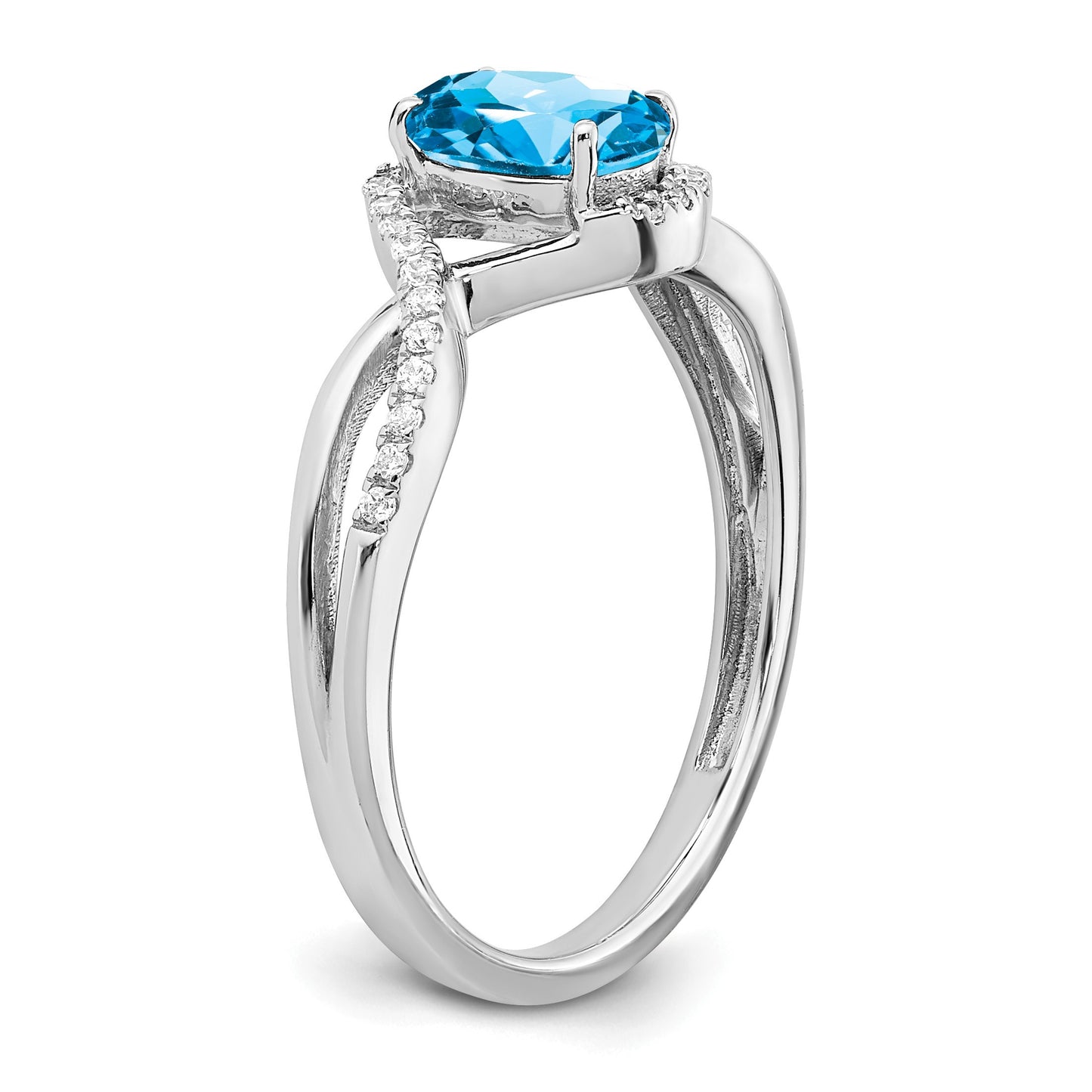 14k White Gold 7x5mm Oval Blue Topaz and 1/10 carat Diamond Twist Ring