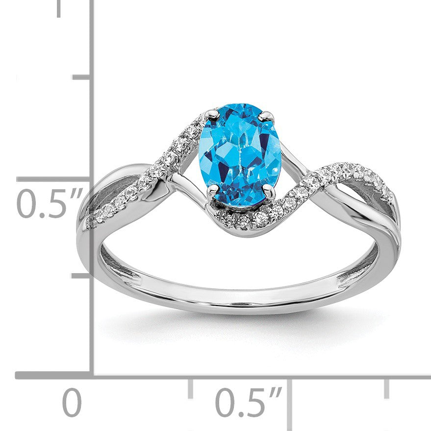 14k White Gold 7x5mm Oval Blue Topaz and 1/10 carat Diamond Twist Ring