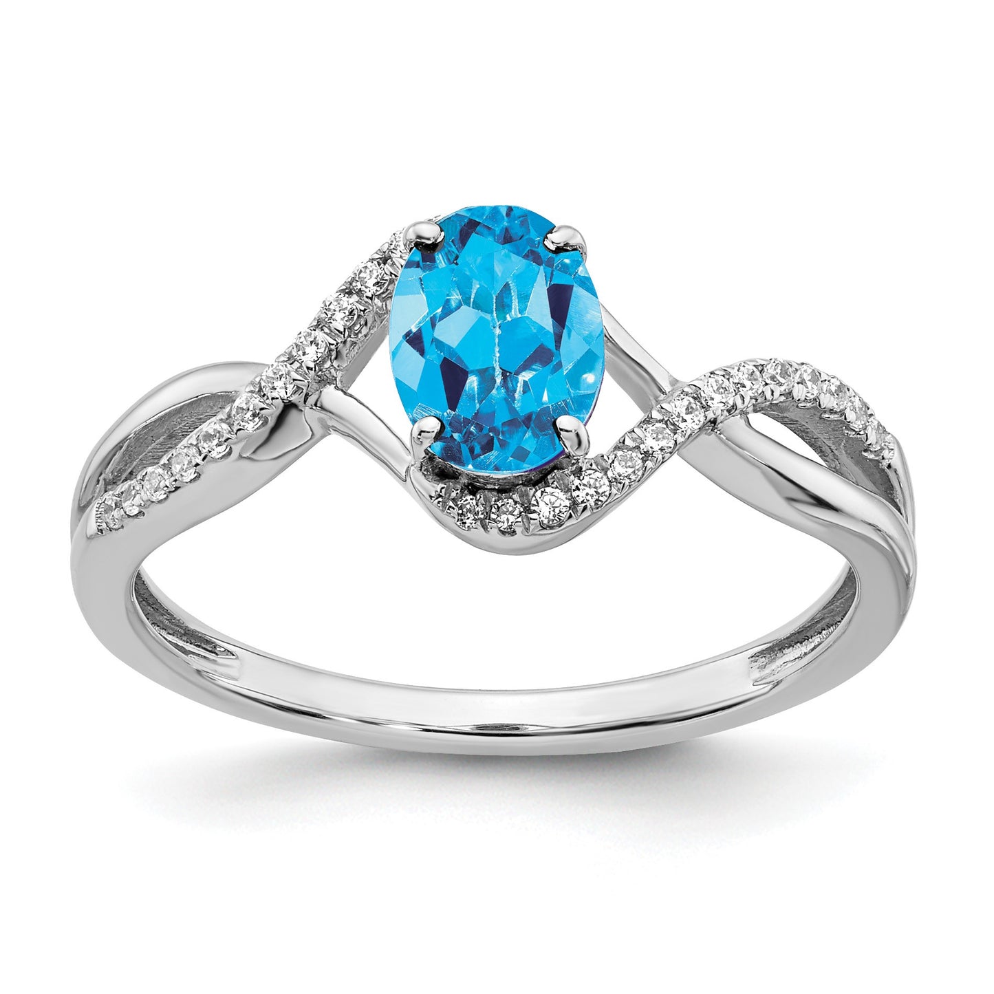 14k White Gold 7x5mm Oval Blue Topaz and 1/10 carat Diamond Twist Ring