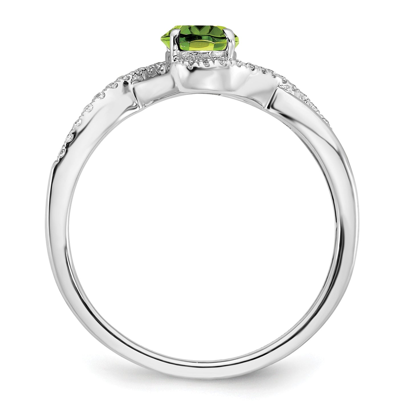 14k White Gold 7x5mm Oval Peridot and 1/10 carat Diamond Twist Ring