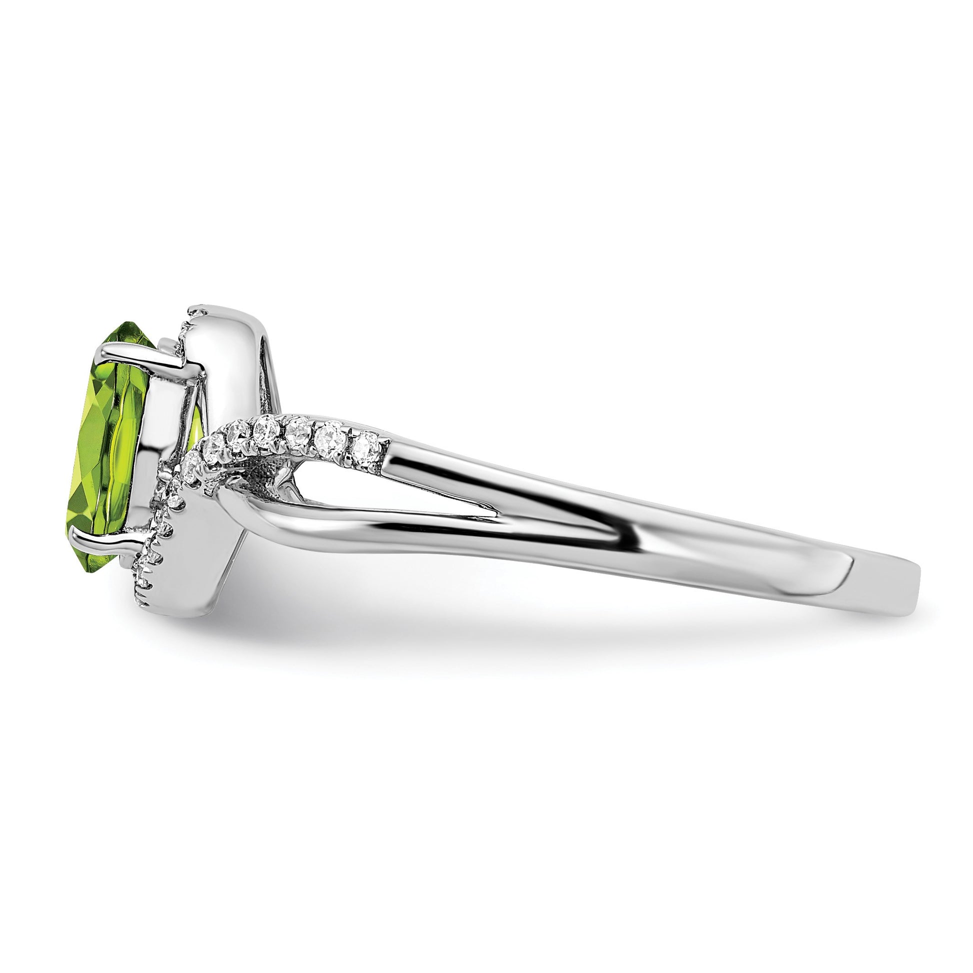14k White Gold 7x5mm Oval Peridot and 1/10 carat Diamond Twist Ring
