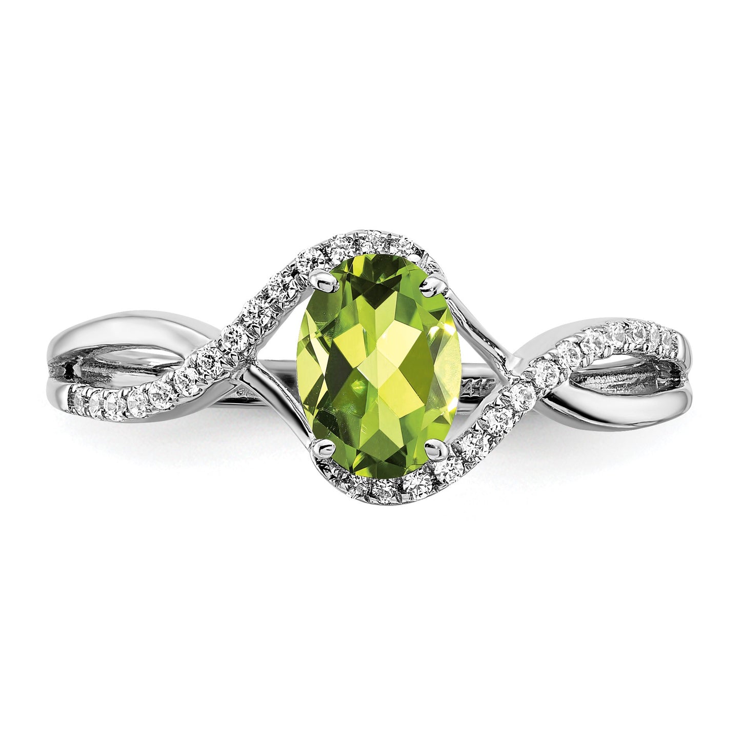 14k White Gold 7x5mm Oval Peridot and 1/10 carat Diamond Twist Ring