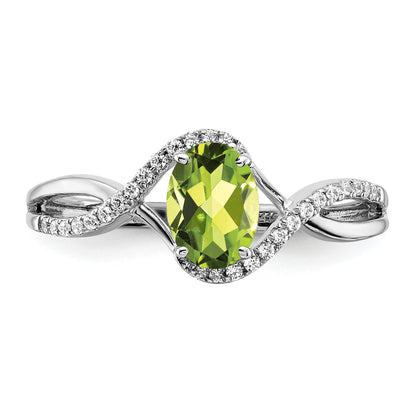 14k White Gold 7x5mm Oval Peridot and 1/10 carat Diamond Twist Ring