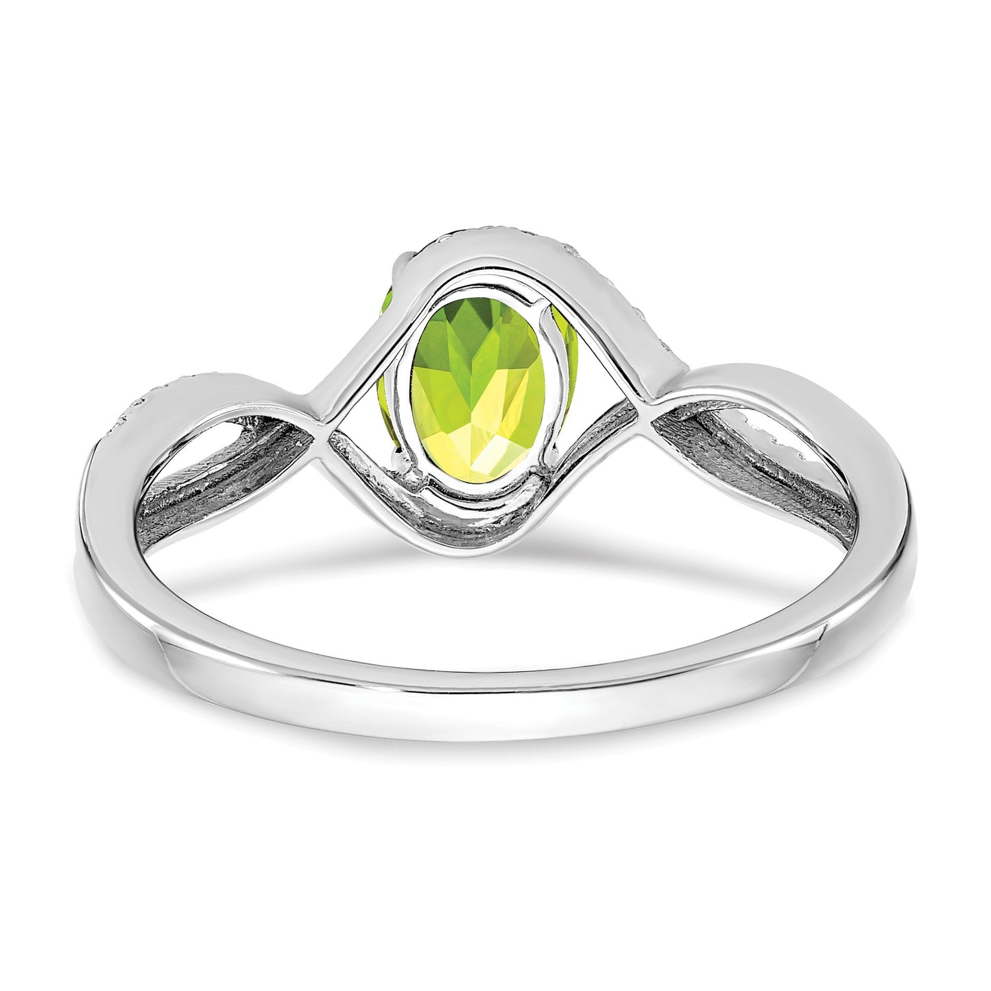 14k White Gold 7x5mm Oval Peridot and 1/10 carat Diamond Twist Ring