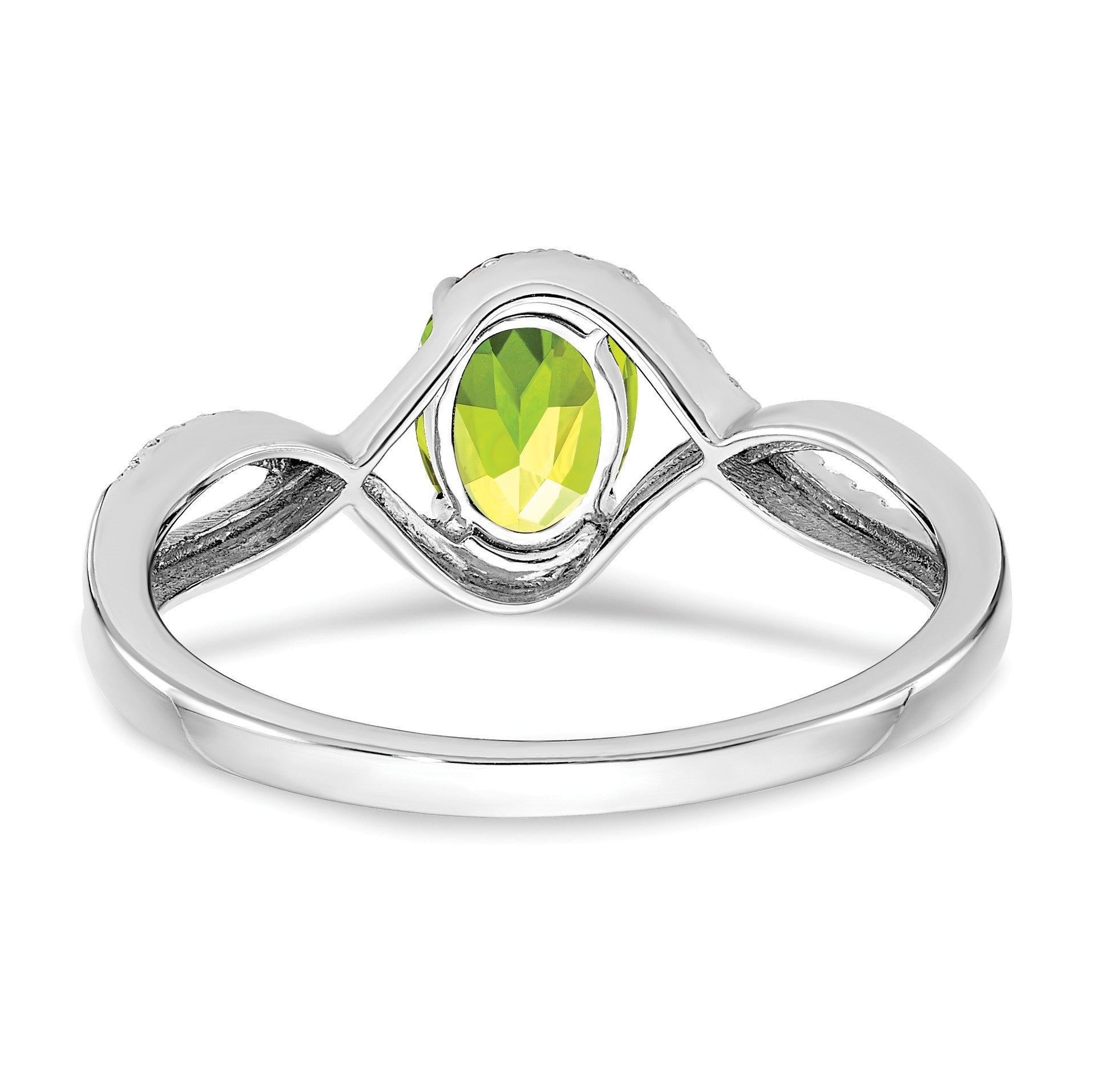 14k White Gold 7x5mm Oval Peridot and 1/10 carat Diamond Twist Ring