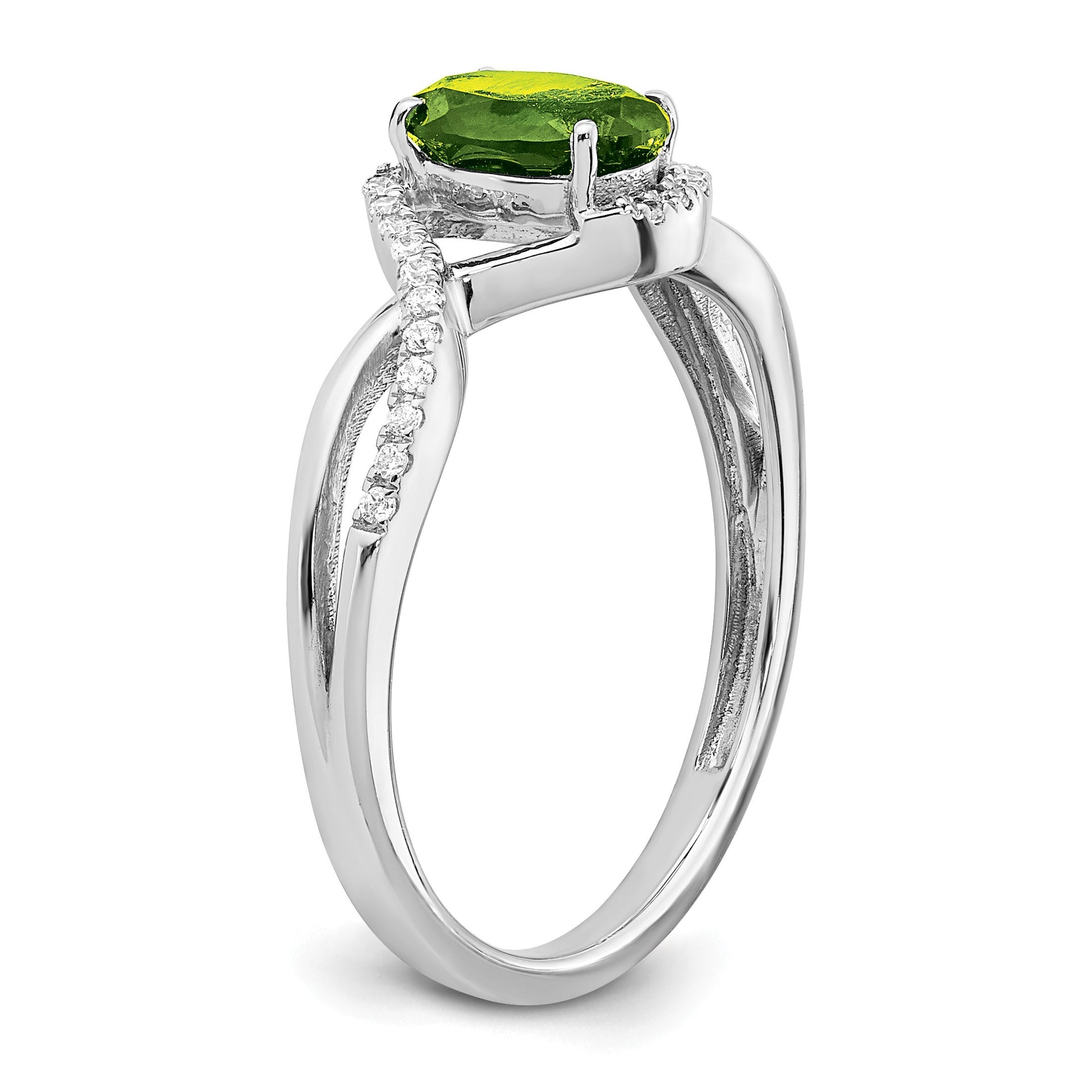 14k White Gold 7x5mm Oval Peridot and 1/10 carat Diamond Twist Ring