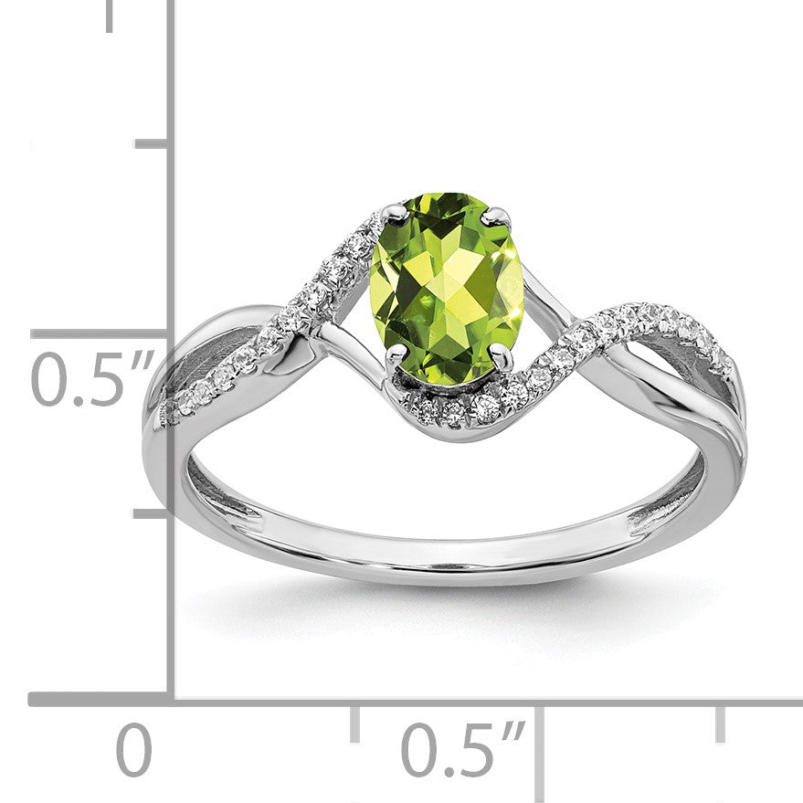 14k White Gold 7x5mm Oval Peridot and 1/10 carat Diamond Twist Ring