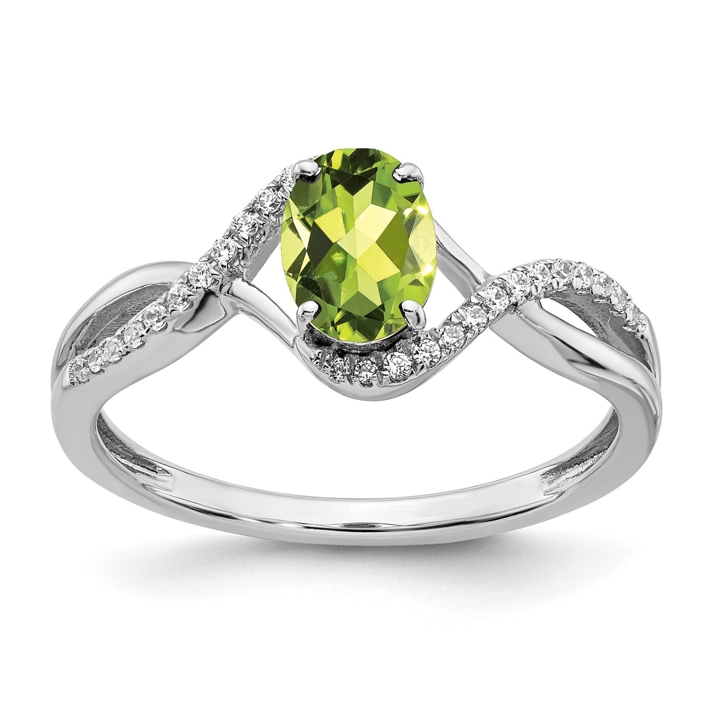 14k White Gold 7x5mm Oval Peridot and 1/10 carat Diamond Twist Ring