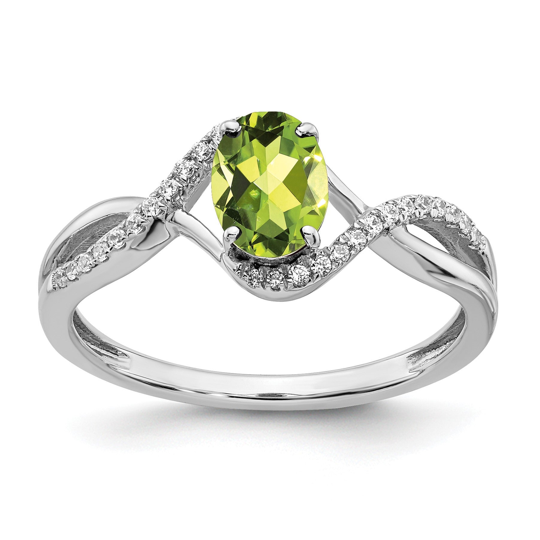 14k White Gold 7x5mm Oval Peridot and 1/10 carat Diamond Twist Ring