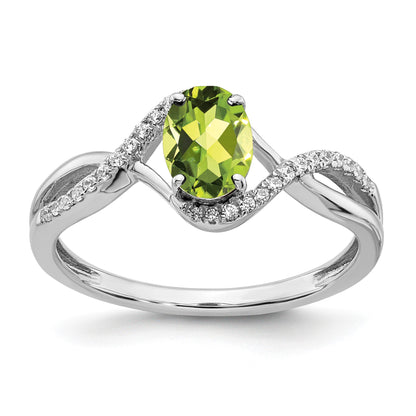 14k White Gold 7x5mm Oval Peridot and 1/10 carat Diamond Twist Ring