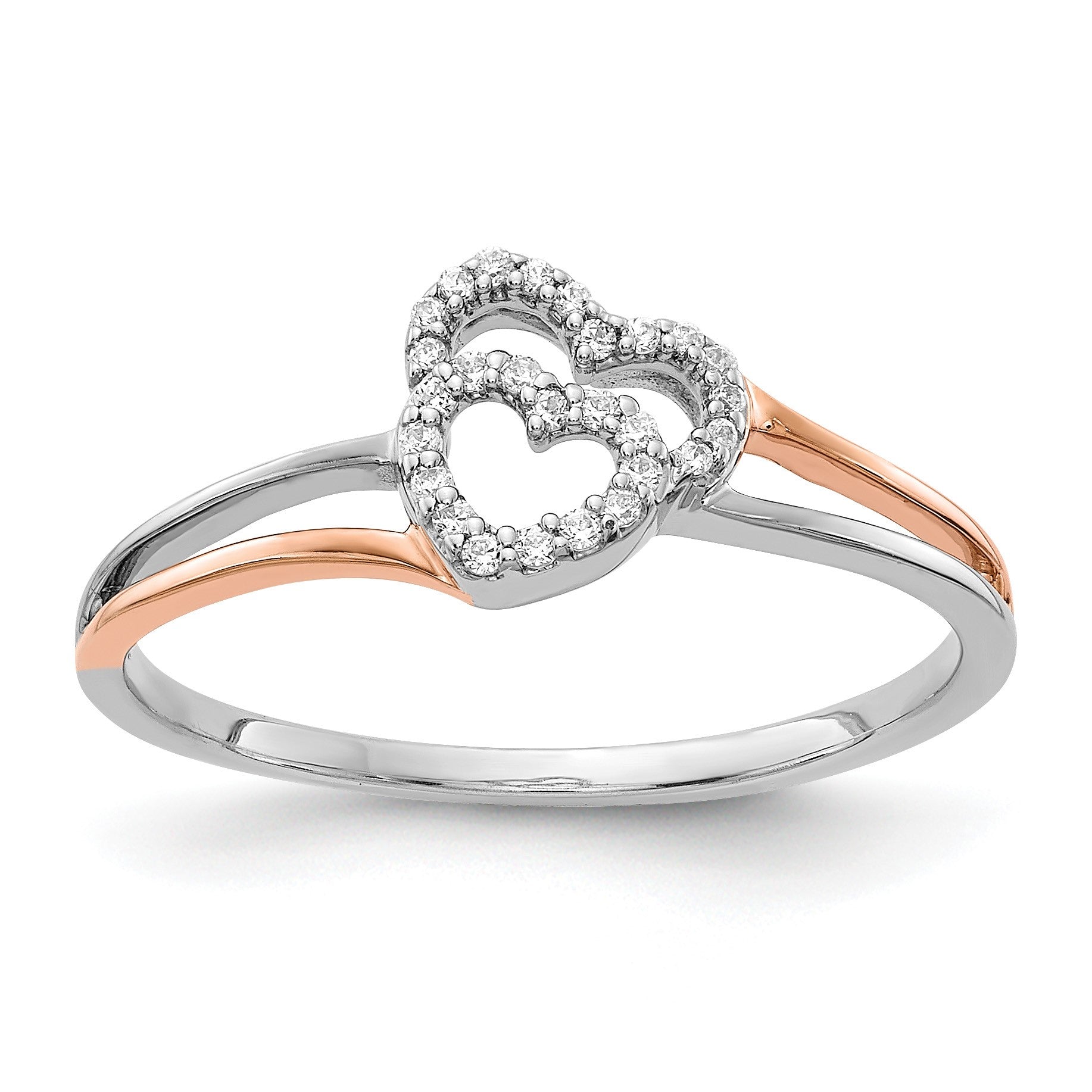 14k White and Rose Gold 1/10 carat Diamond Polished Double Heart Ring