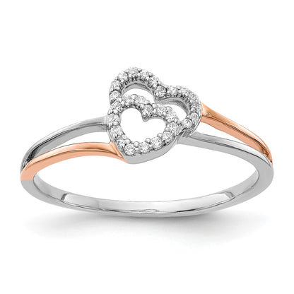 14k White and Rose Gold 1/10 carat Diamond Polished Double Heart Ring