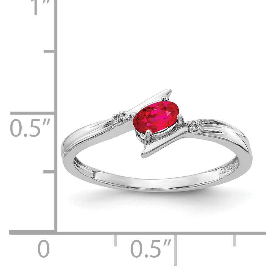14k White Gold Polished 5x3mm Oval Ruby and Diamond Bypass Ring