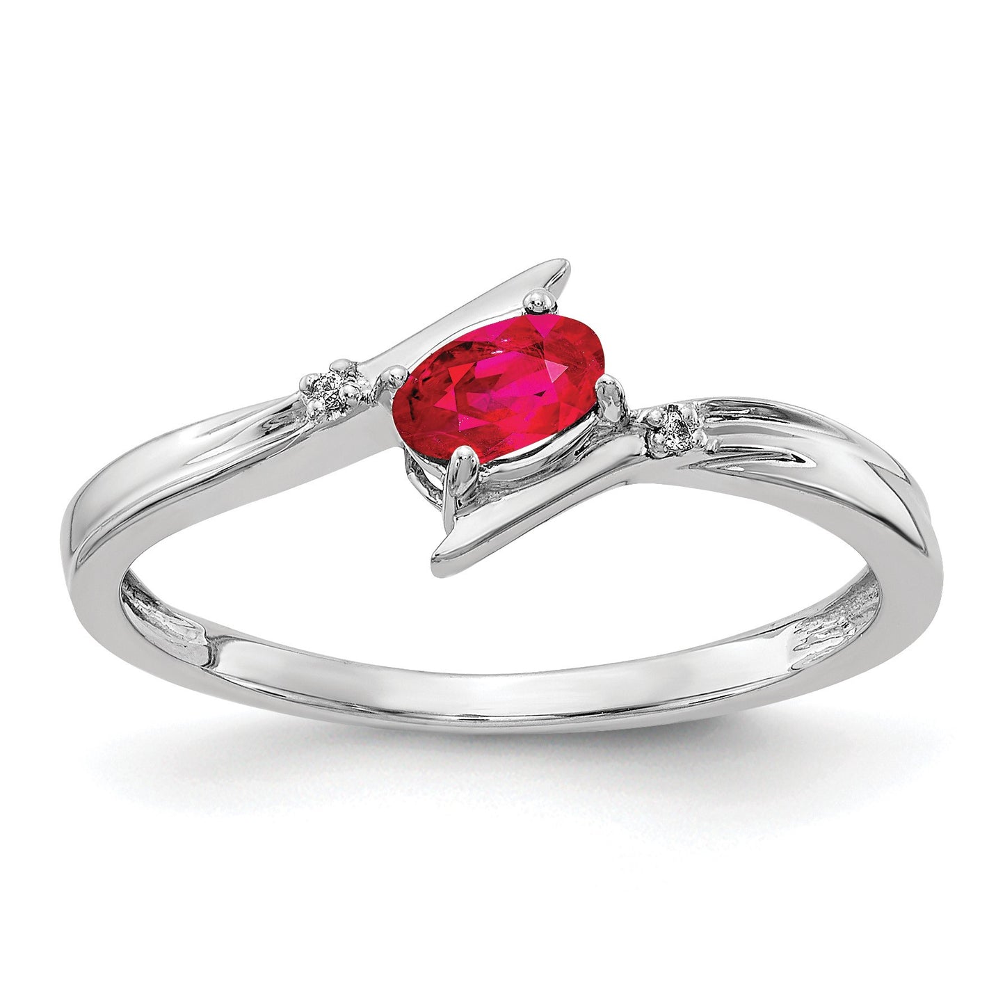 14k White Gold Polished 5x3mm Oval Ruby and Diamond Bypass Ring