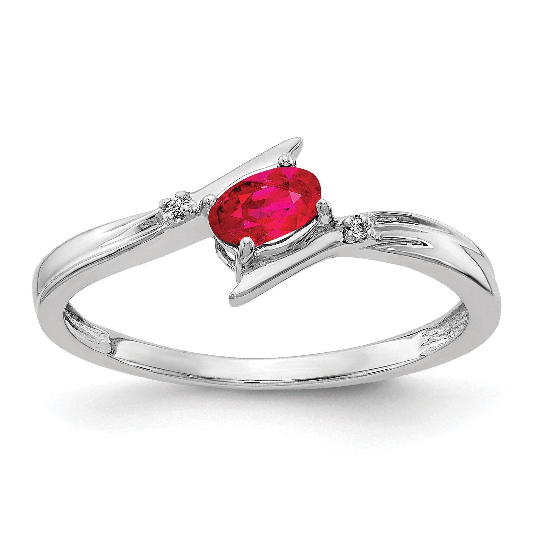 14k White Gold Polished 5x3mm Oval Ruby and Diamond Bypass Ring