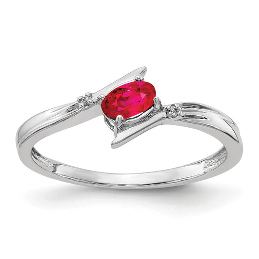 14k White Gold Polished 5x3mm Oval Ruby and Diamond Bypass Ring