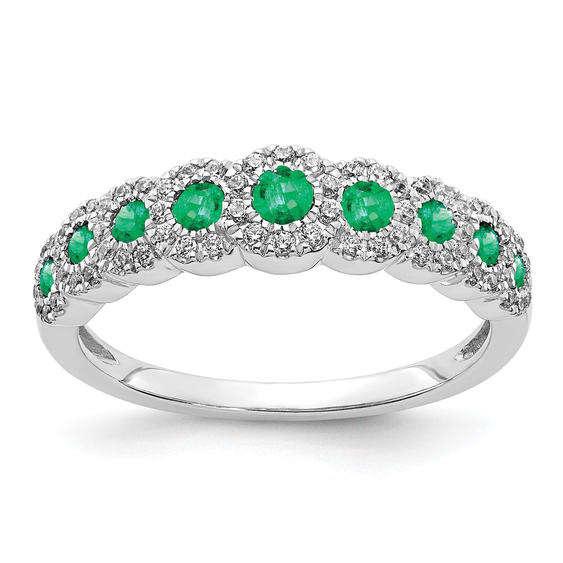 14k White Gold Polished 1/4 carat Diamond and Graduated Emerald Ring