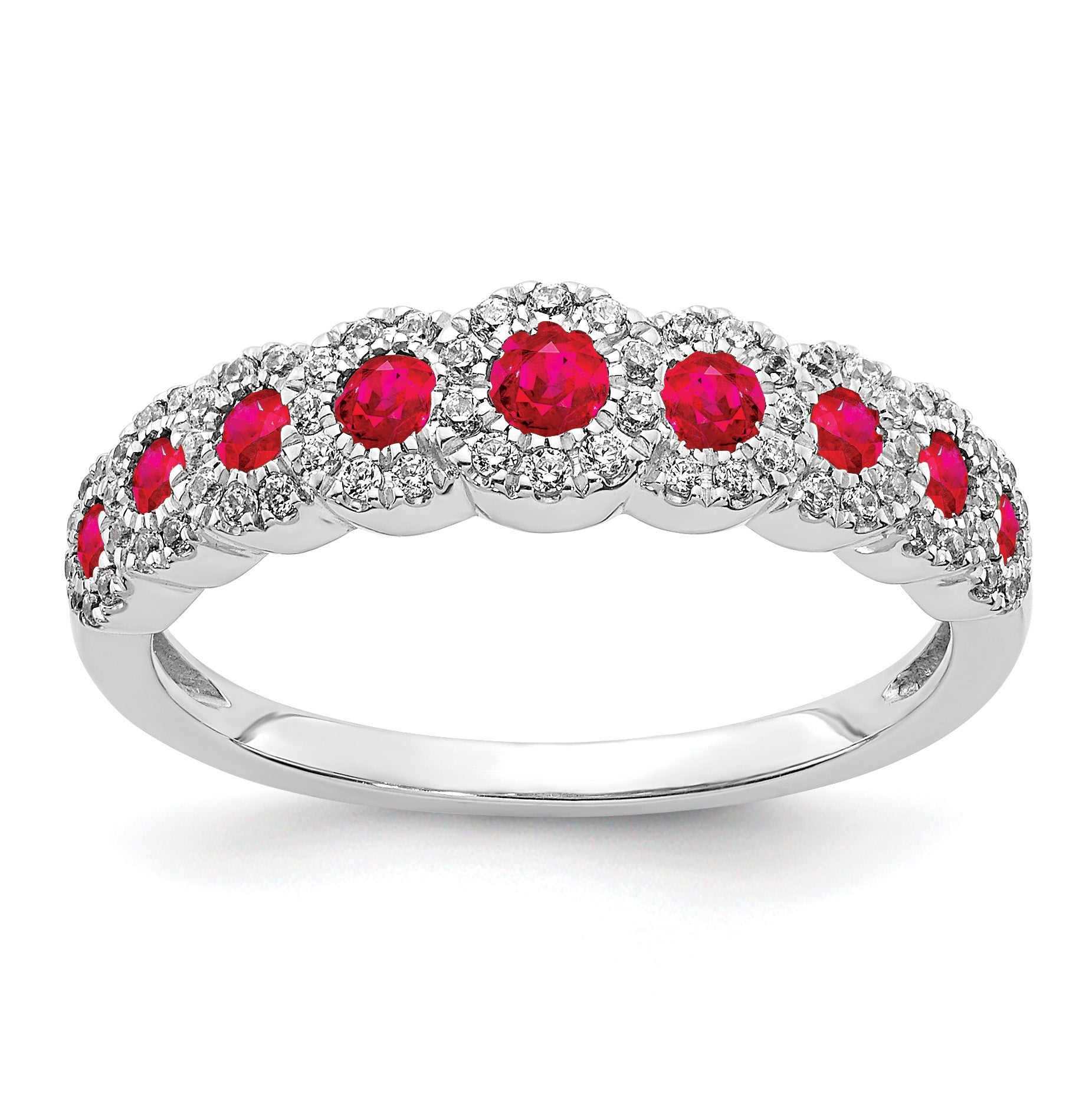 14k White Gold Polished 1/4 carat Diamond and Graduated Ruby Ring