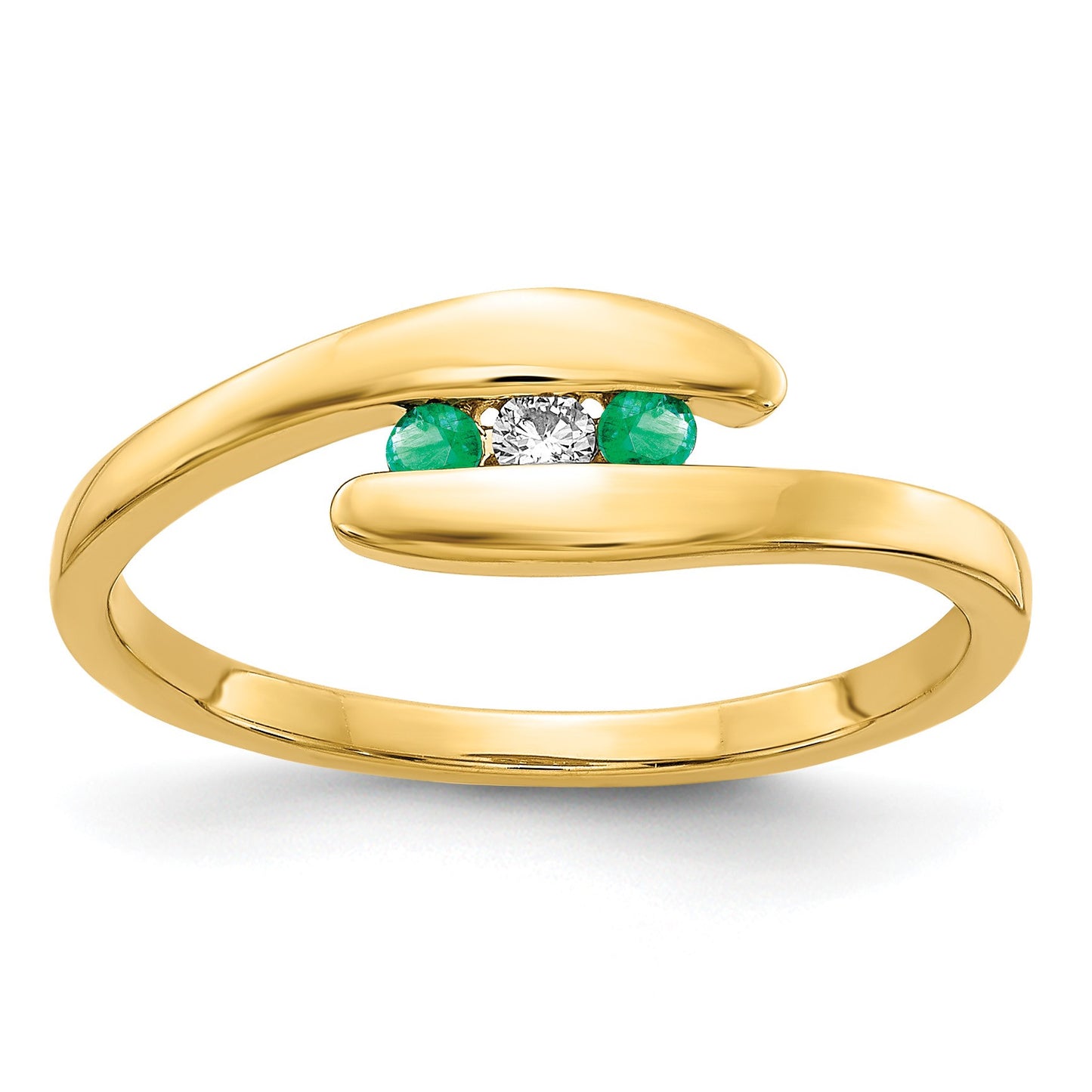 14k Emerald and Diamond 3-stone Bypass Ring
