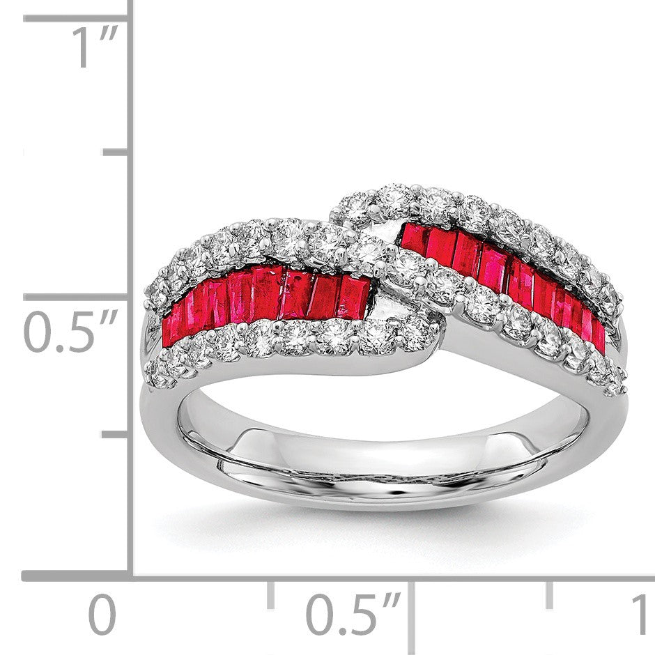 14k White Gold Baguette Ruby and 5/8 carat Diamond Bypass Ring