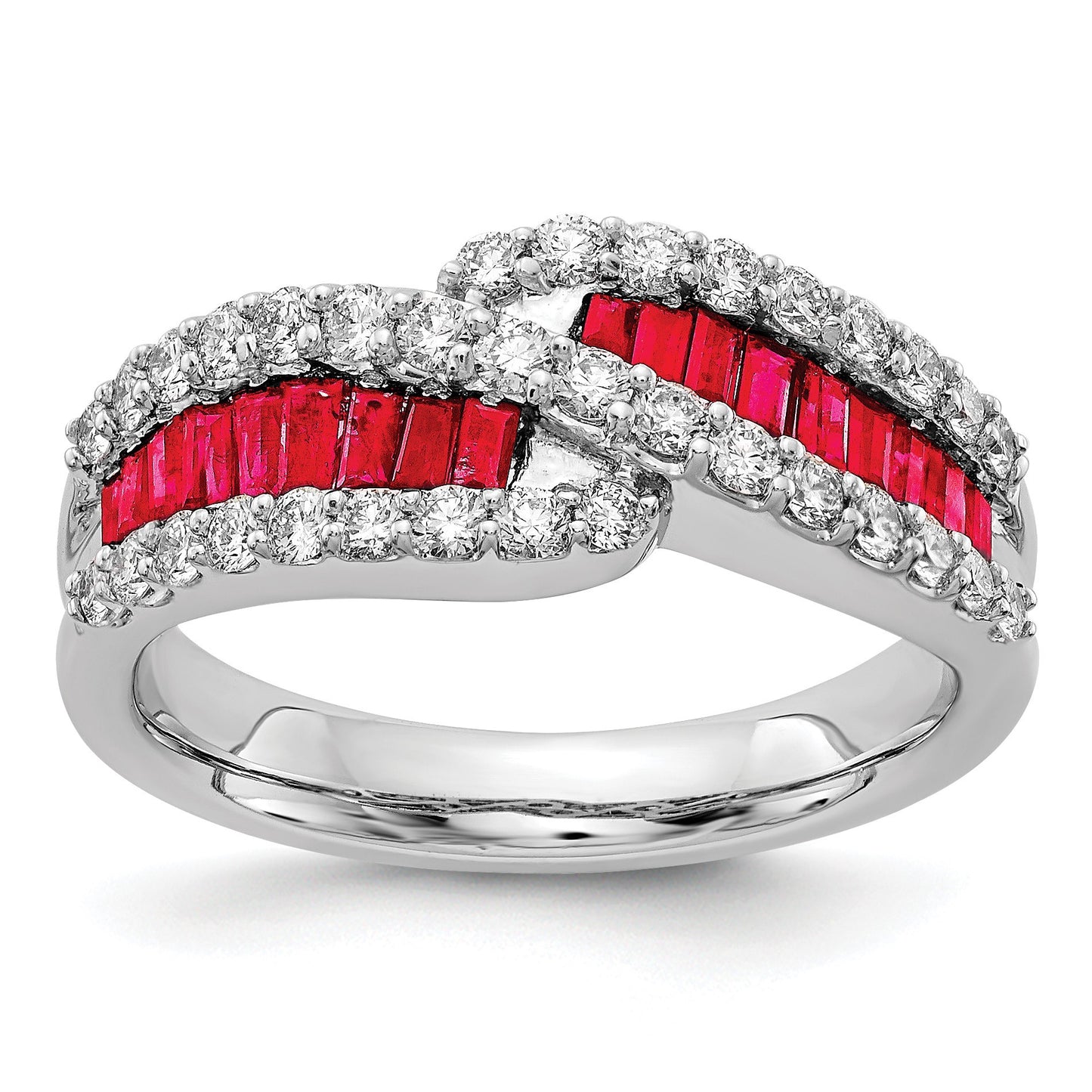 14k White Gold Baguette Ruby and 5/8 carat Diamond Bypass Ring