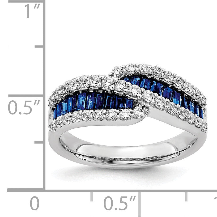 14k White Gold Baguette Blue Sapphire and 5/8 carat Diamond Bypass Ring