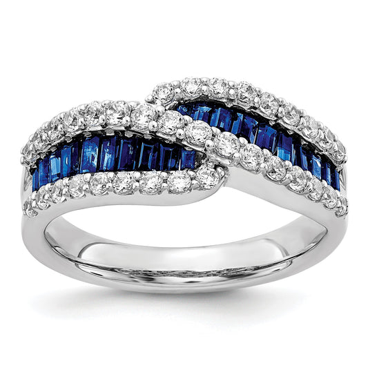 14k White Gold Baguette Blue Sapphire and 5/8 carat Diamond Bypass Ring