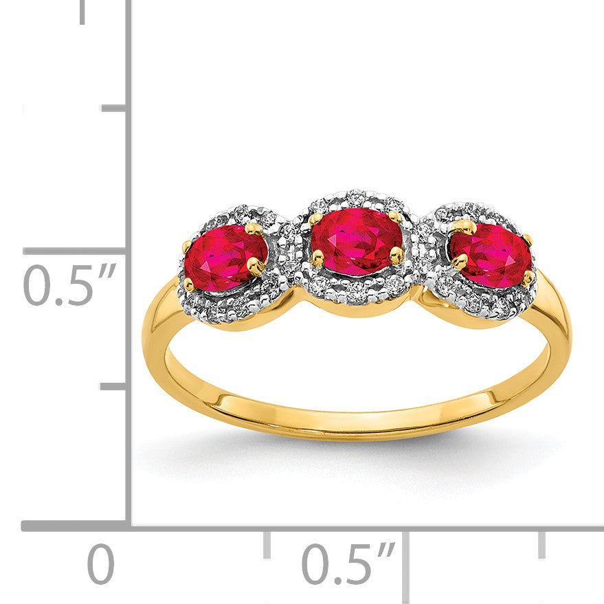 14k 4x3mm Oval Composite Ruby and 1/8 carat Diamond 3-Stone Ring
