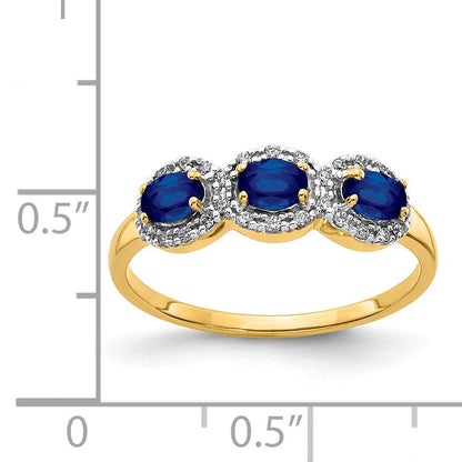 14k 4x3mm Oval Blue Sapphire and 1/8 carat Diamond 3-Stone Ring