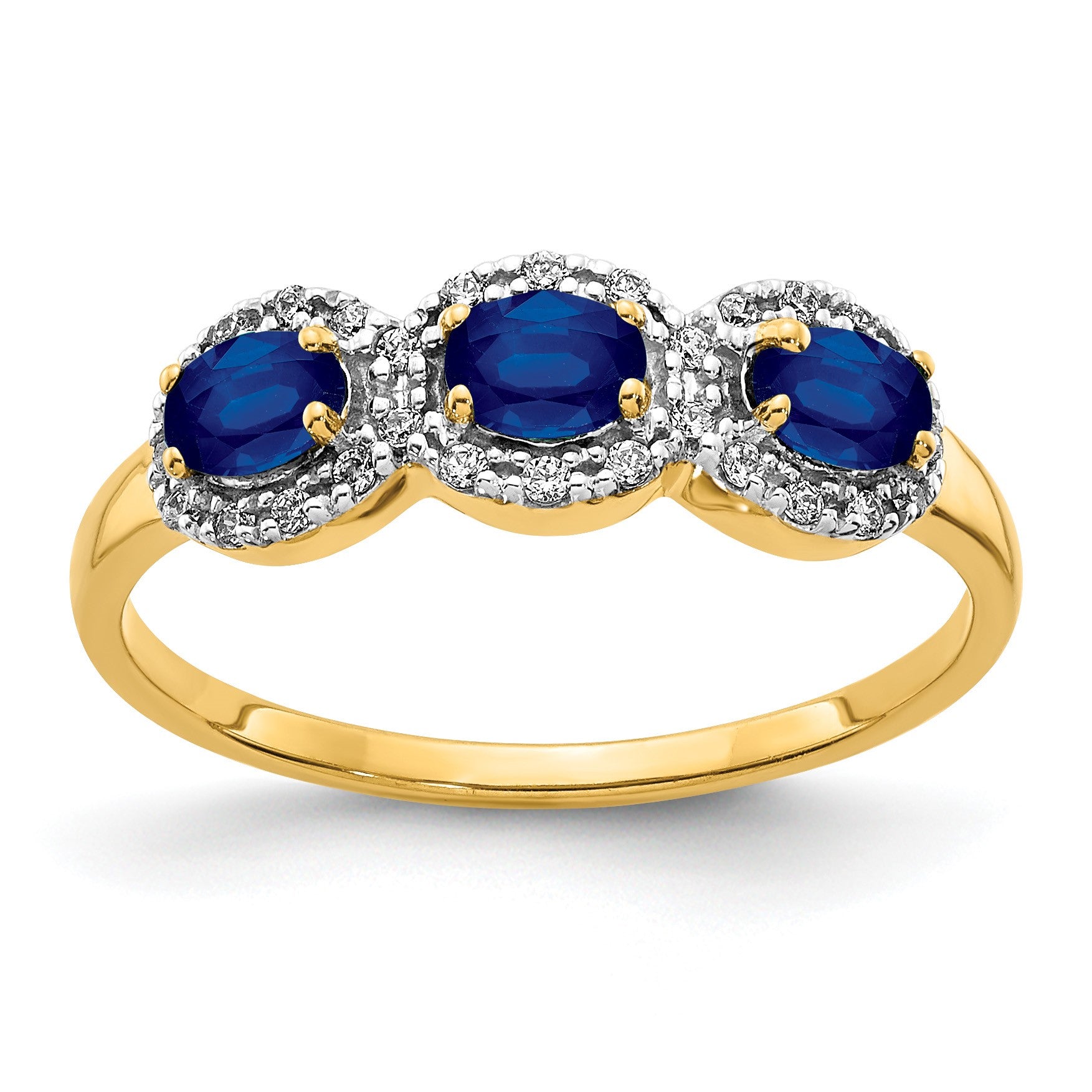14k 4x3mm Oval Blue Sapphire and 1/8 carat Diamond 3-Stone Ring