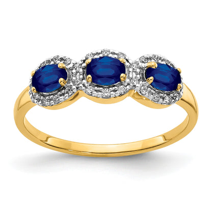 14k 4x3mm Oval Blue Sapphire and 1/8 carat Diamond 3-Stone Ring