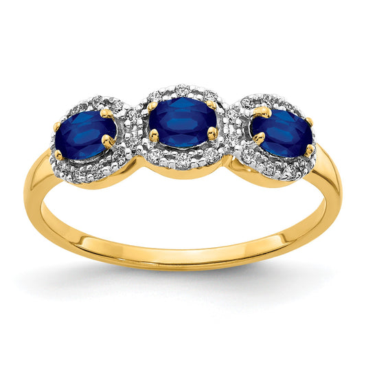 14k 4x3mm Oval Blue Sapphire and 1/8 carat Diamond 3-Stone Ring