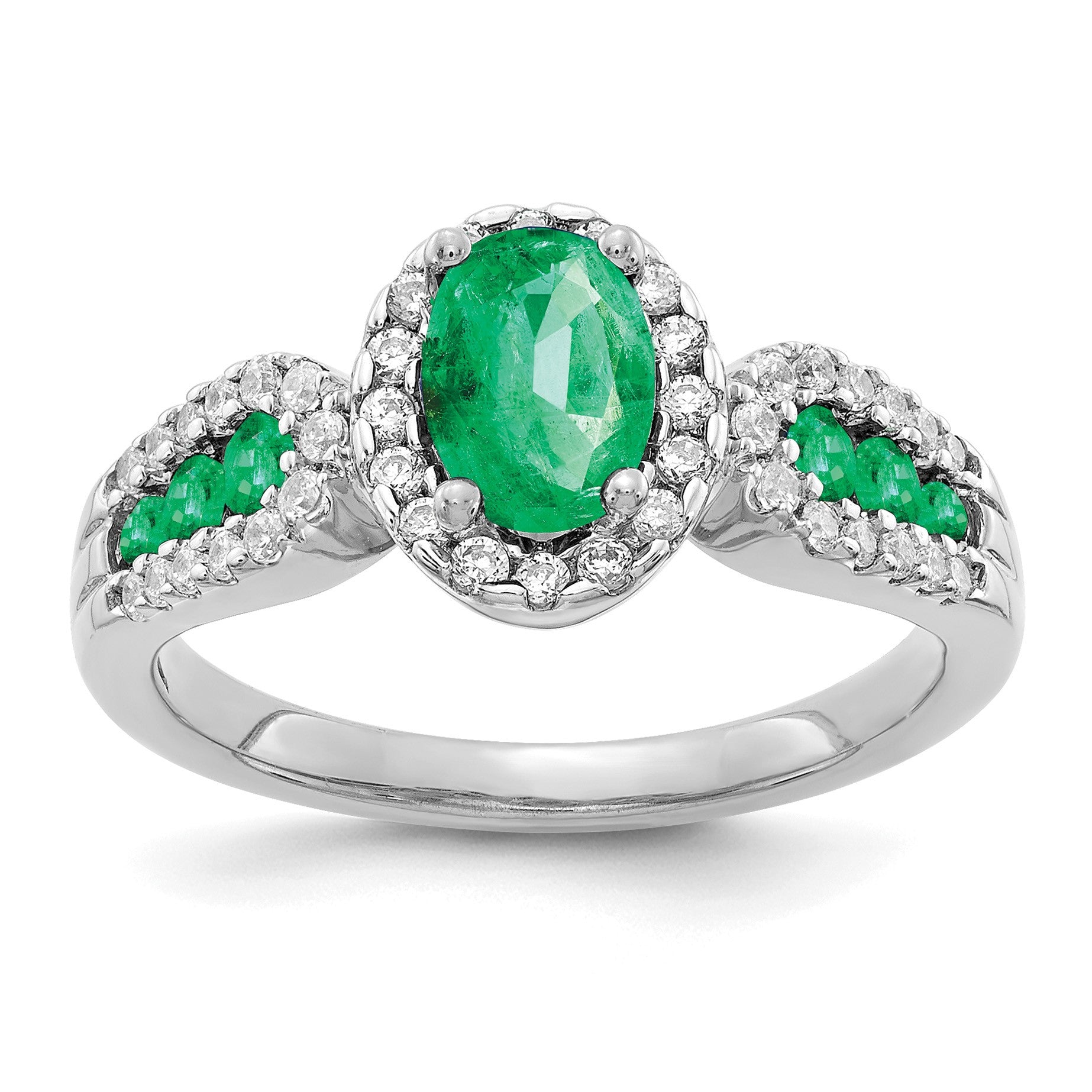 14k White Gold 7x5mm Oval Emerald and 1/3 carat Diamond Halo Ring