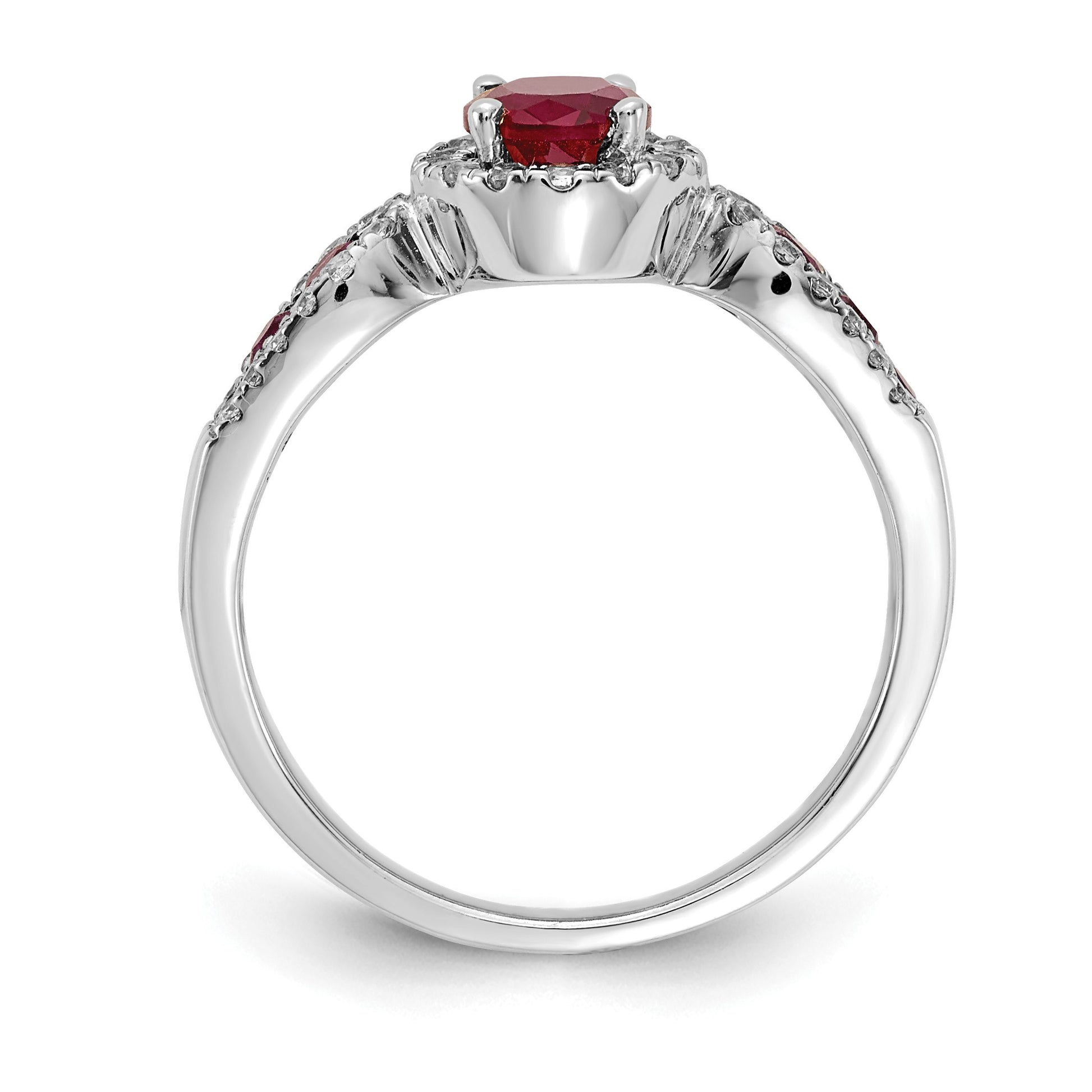 14k White Gold 7x5mm Oval Ruby and 1/3 carat Diamond Halo Ring
