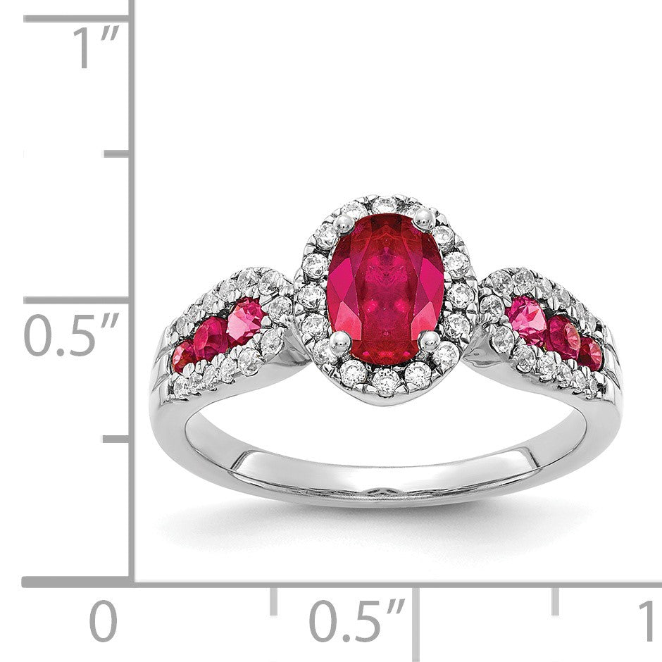 14k White Gold 7x5mm Oval Ruby and 1/3 carat Diamond Halo Ring