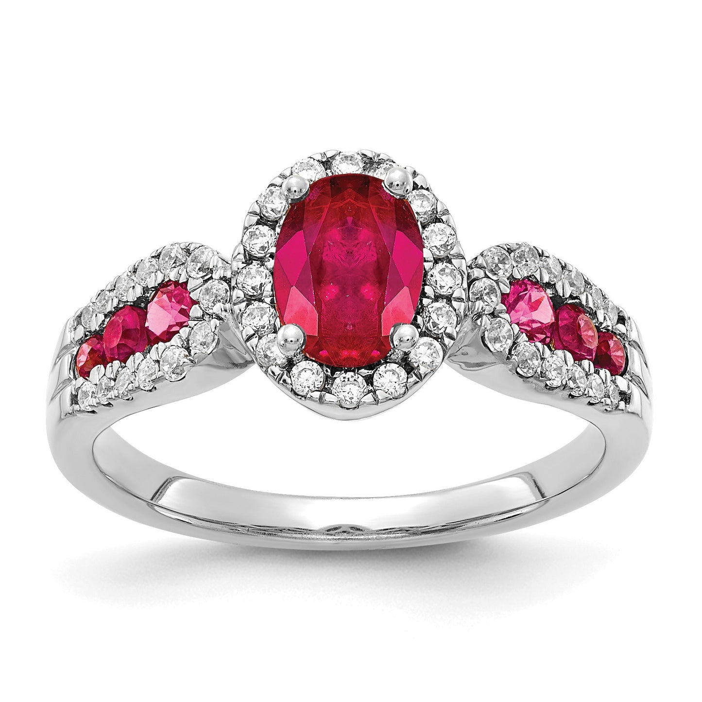 14k White Gold 7x5mm Oval Ruby and 1/3 carat Diamond Halo Ring
