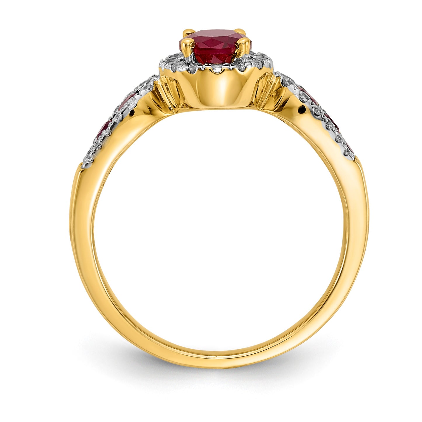 14k 7x5mm Oval Ruby and 1/3 carat Diamond Halo Ring