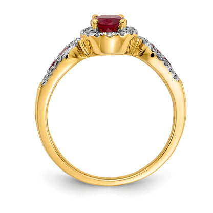 14k 7x5mm Oval Ruby and 1/3 carat Diamond Halo Ring