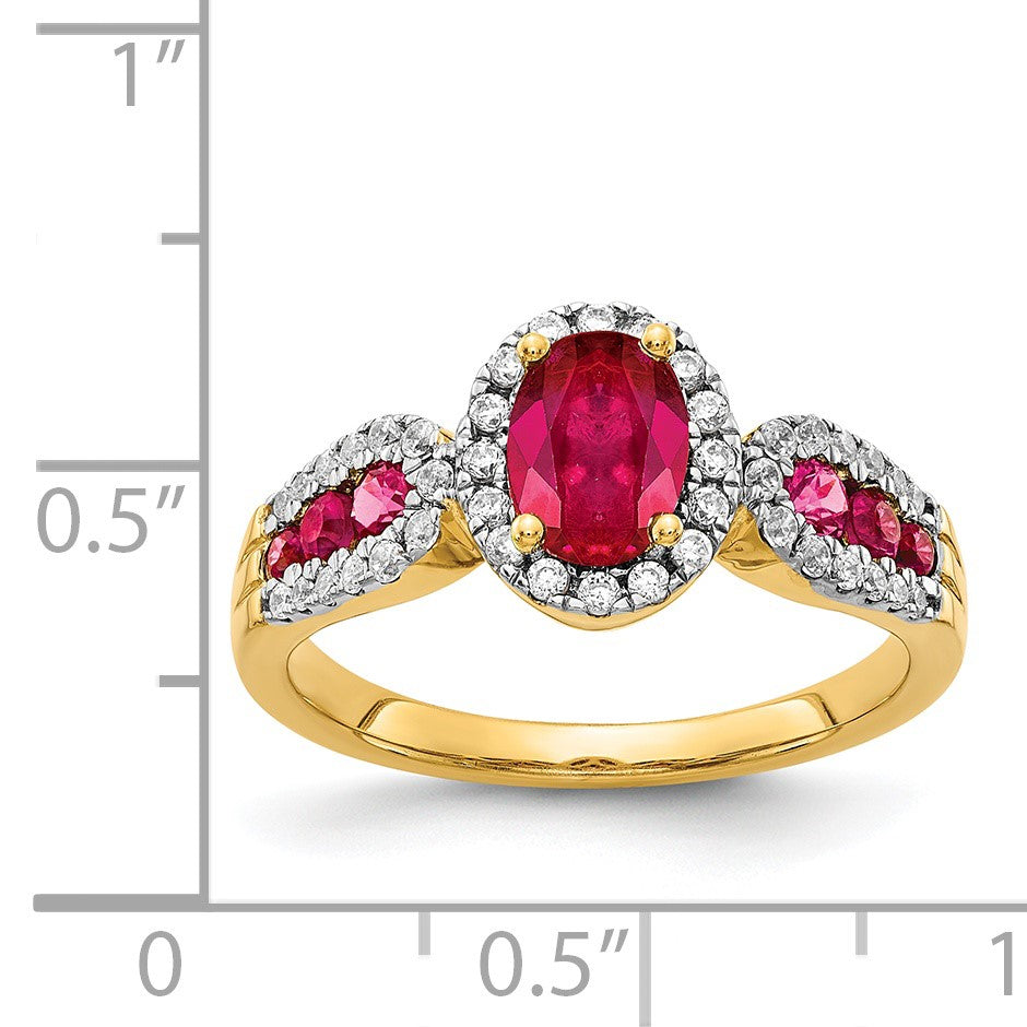 14k 7x5mm Oval Ruby and 1/3 carat Diamond Halo Ring