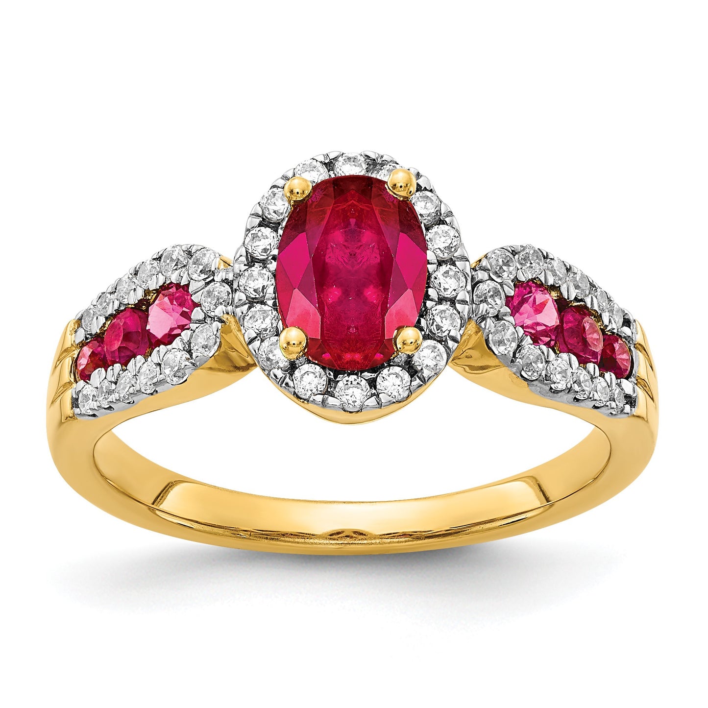 14k 7x5mm Oval Ruby and 1/3 carat Diamond Halo Ring