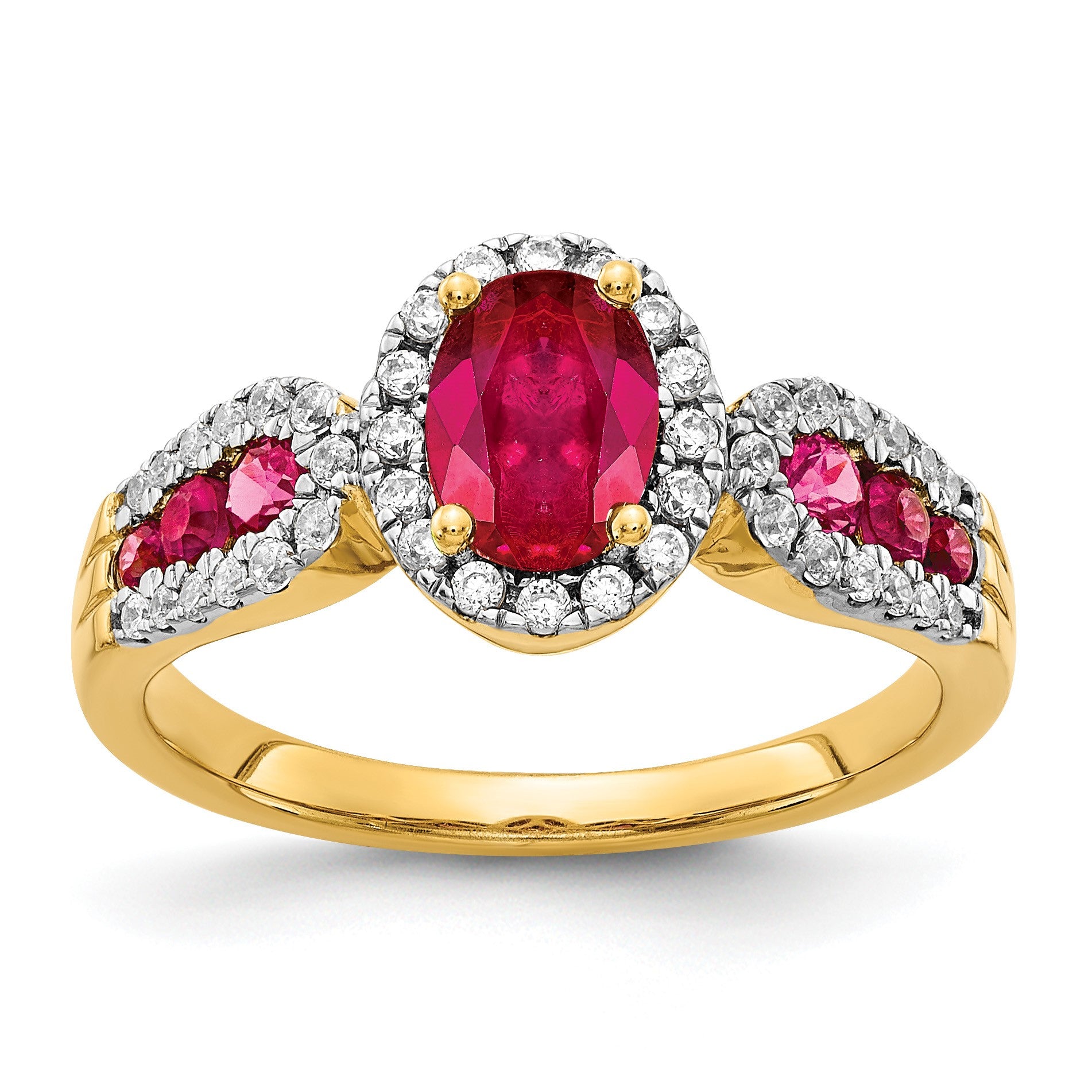 14k 7x5mm Oval Ruby and 1/3 carat Diamond Halo Ring