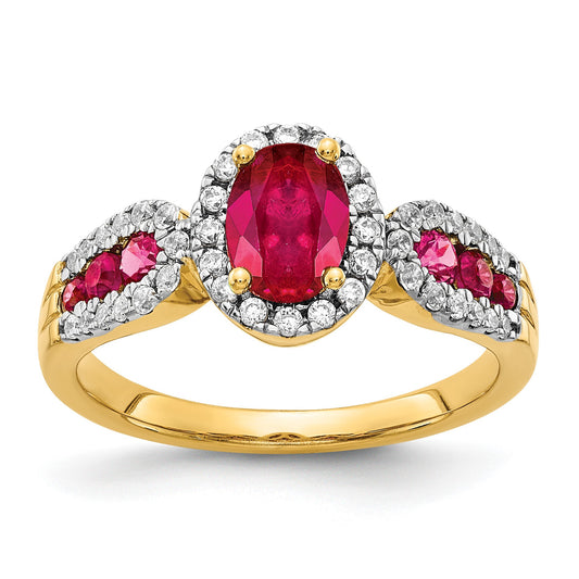 14k 7x5mm Oval Ruby and 1/3 carat Diamond Halo Ring
