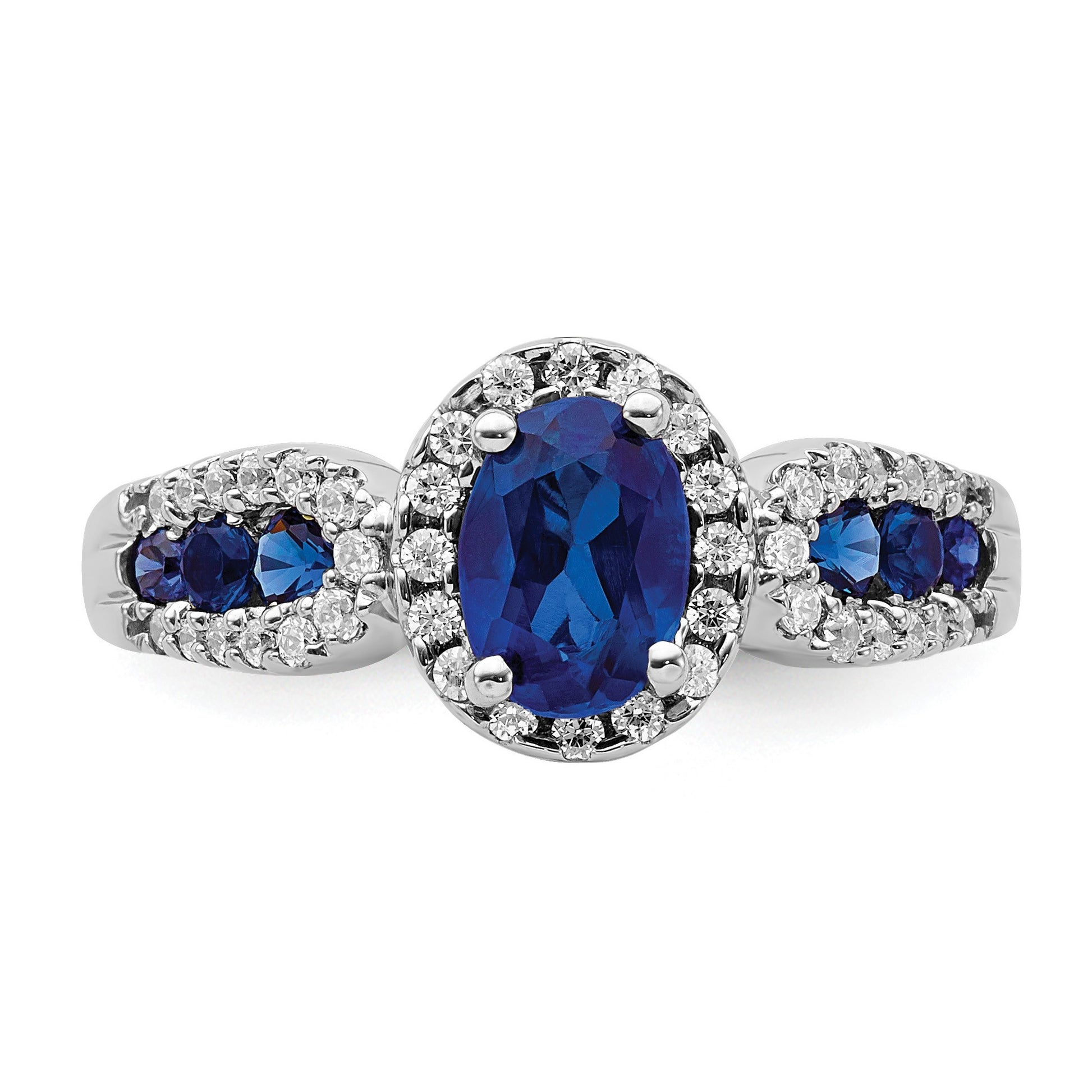 14k White Gold 7x5mm Oval Blue Sapphire and 1/3 carat Diamond Halo Ring