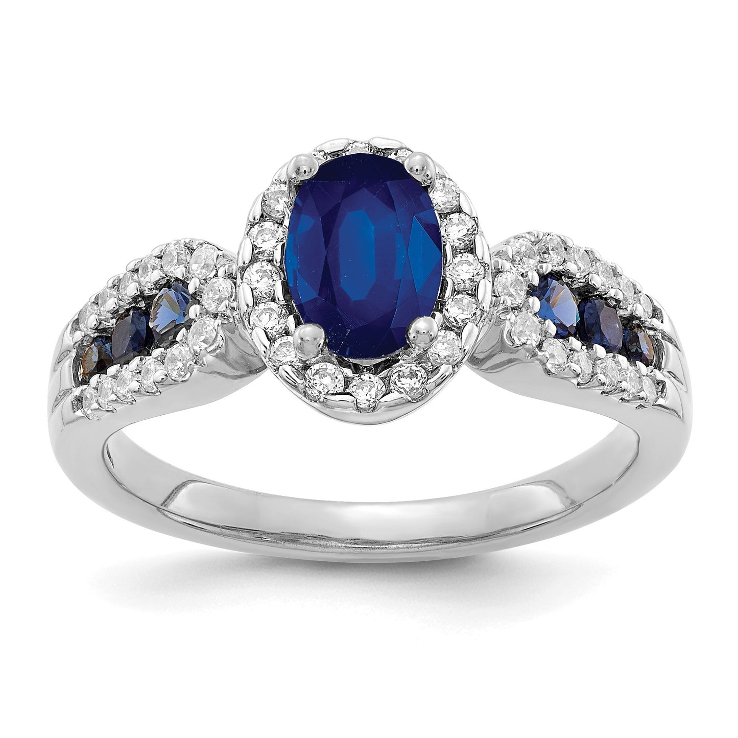 14k White Gold 7x5mm Oval Blue Sapphire and 1/3 carat Diamond Halo Ring