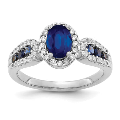 14k White Gold 7x5mm Oval Blue Sapphire and 1/3 carat Diamond Halo Ring